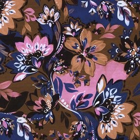 French Terry Sommersweat gemalte Blumen Digitaldruck – indigo/maronenbraun, 