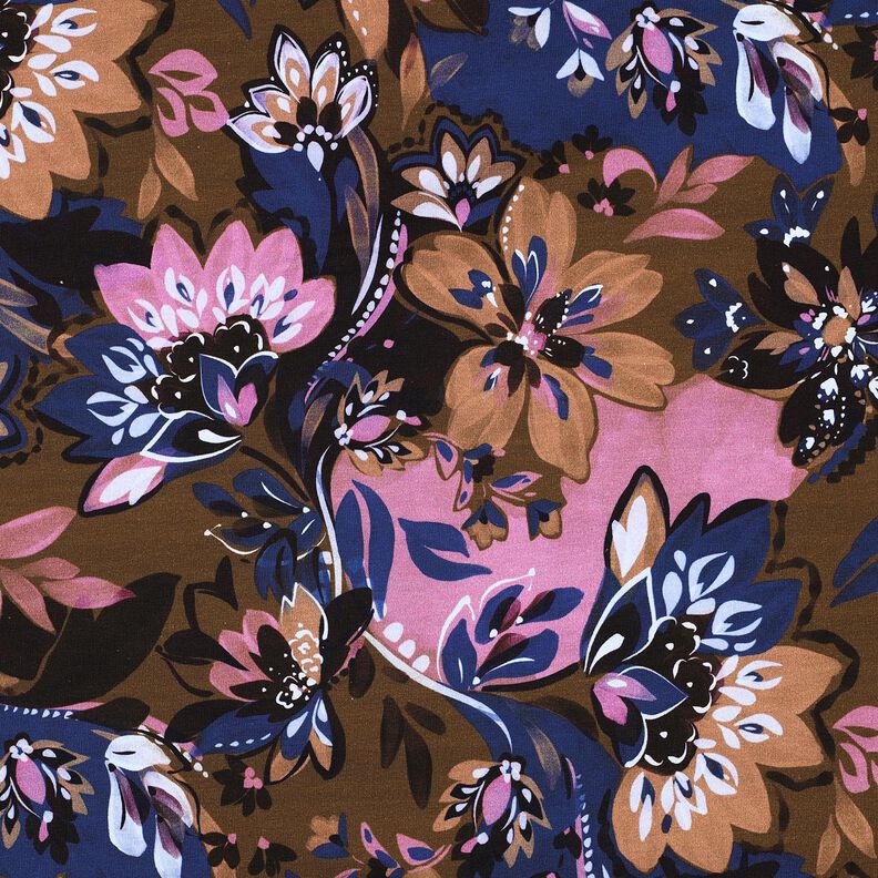 French Terry Sommersweat gemalte Blumen Digitaldruck – indigo/maronenbraun, image number 1