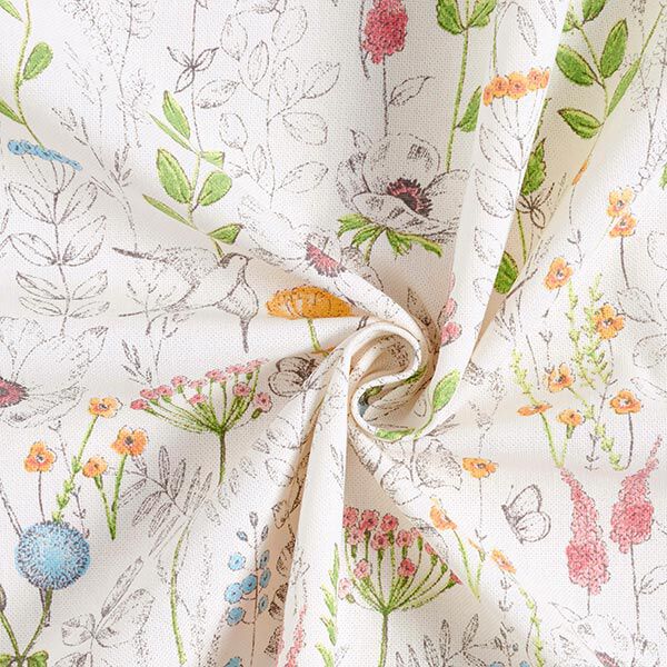 Dekostoff Halbpanama gezeichnete Wildblumen – weiss/rosa | Reststück 100cm