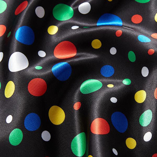 Polyestersatin bunte Punkte – schwarz | Reststück 50cm