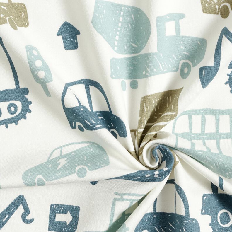 French Terry Sommersweat Skribbel Fahrzeuge &ndash; weiss/blau,  image number 3