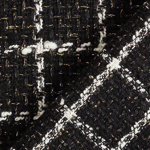 Lockeres Wollmix-Gewebe Karo & Goldfaden – schwarz/weiss | Reststück 50cm