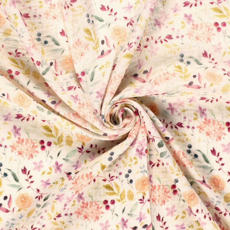 Musselin/ Doppel-Krinkel Gewebe Aquarell Blumenwiese Digitaldruck – creme,  image number 3