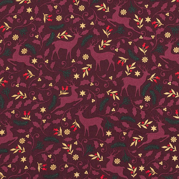 Baumwollstoff Popeline springende Hirsche – merlot/gold, image number 1