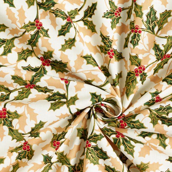 Baumwollstoff Popeline Mistelzweig – wollweiss/gold | Reststück 50cm