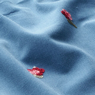 Babycord kleine Blümchen Stickmotiv – stahlblau, 