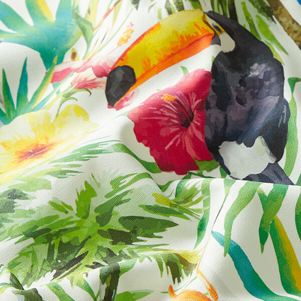 Outdoorstoff Canvas Tropische Vögel – weiss/grün | Reststück 100cm