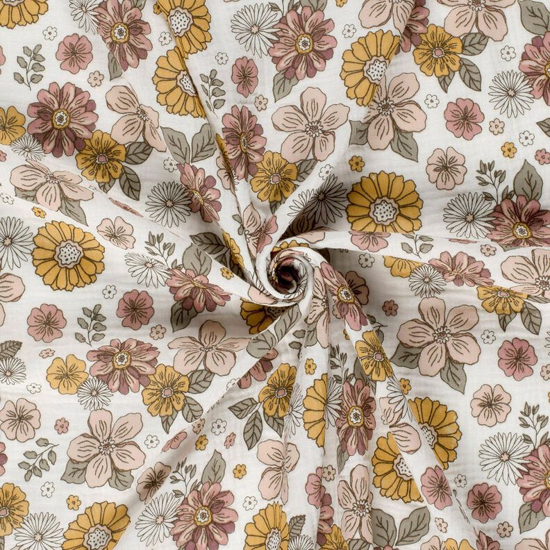Musselin/ Doppel-Krinkel Gewebe Retro Blumen – weiss,  image number 3
