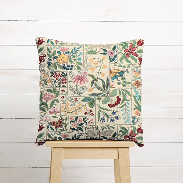 Dekostoff Gobelin Blumen-Kacheln – hellbeige