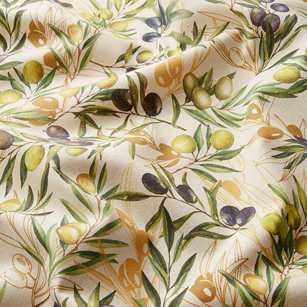 Dekostoff Halbpanama Olivenzweige recycelt – hellbeige | Reststück 50cm