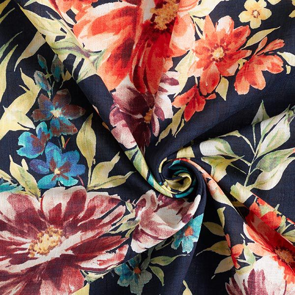 Baumwoll-Viskose-Mix Blumenbouquet – marineblau | Reststück 50cm