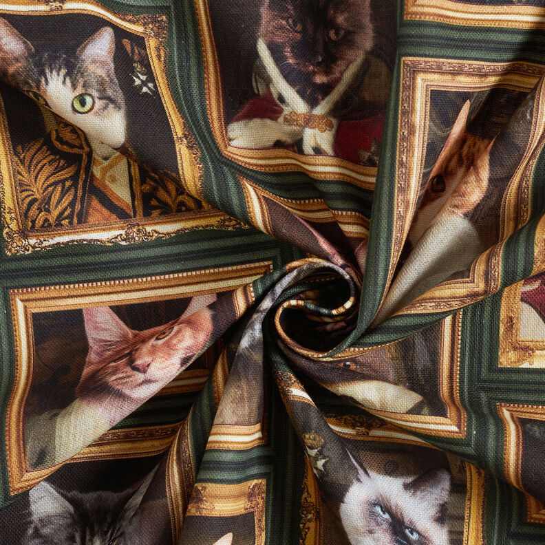 Dekostoff Halbpanama Katzen Portraits – dunkelgrün/gold,  image number 3