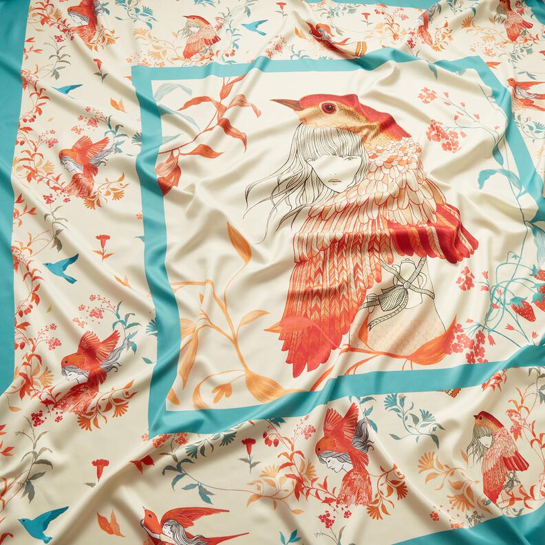 Satin-Panel Vögel und Feen | Katia Fabrics – aquablau/creme,  image number 2
