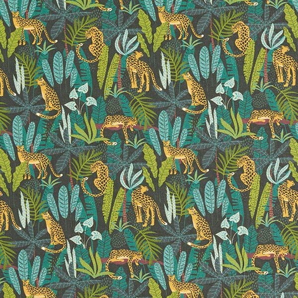 Dekostoff Baumwollpopeline Leoparden im Dschungel – grün/gelb,  image number 1