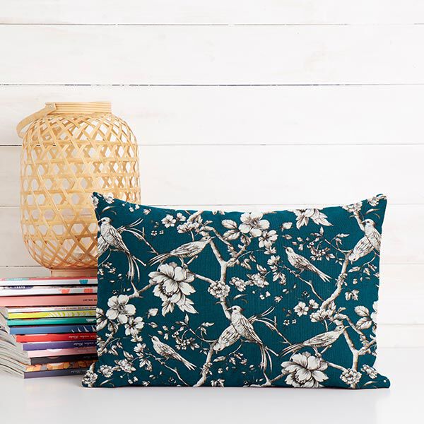 Dekostoff Baumwollsatin Toile de Jouy – petrol | Reststück 50cm