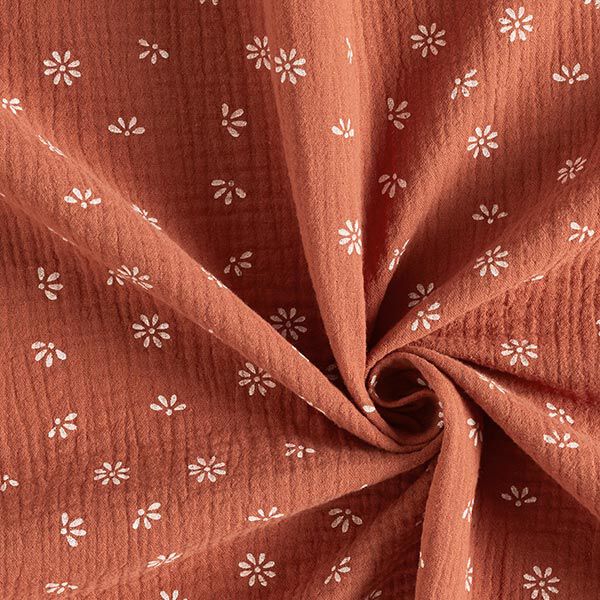 Musselin/ Doppel-Krinkel Gewebe stilisierte Margeriten – terracotta/weiss | Reststück 50cm