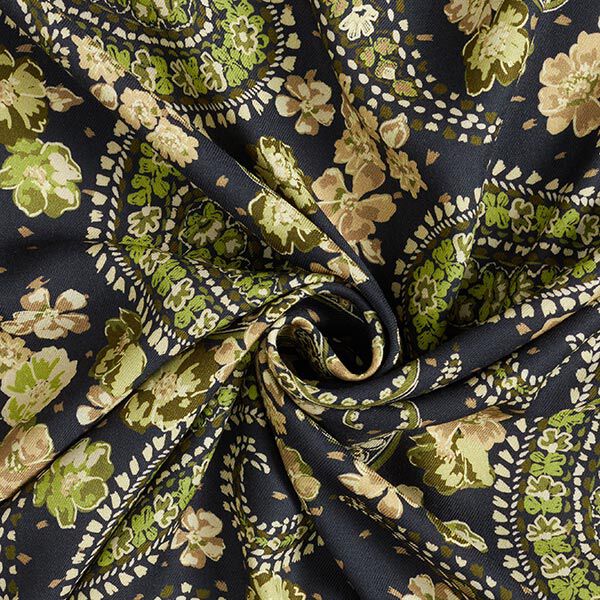 Viskosestoff Ornamente – schwarz/grün | Reststück 50cm