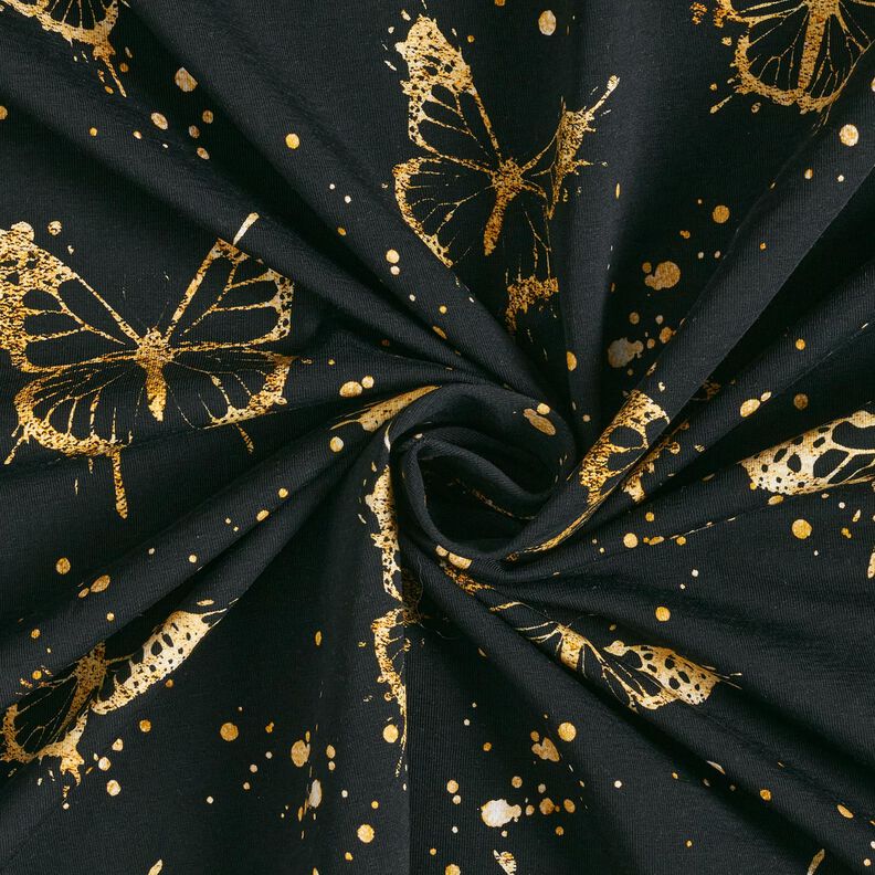 Baumwolljersey goldene Schmetterlinge | Glitzerpüppi – schwarz,  image number 3