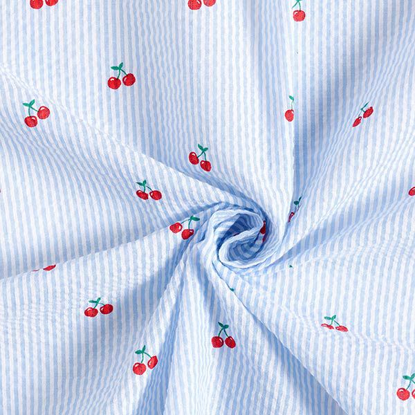 Seersucker Kirschen – weiss/hellblau | Reststück 50cm
