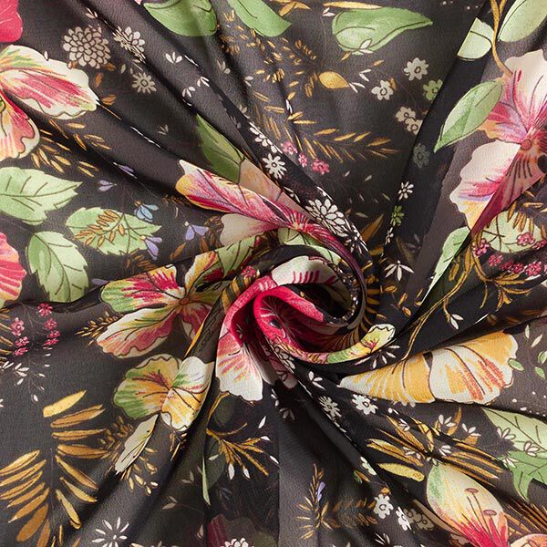 Chiffon exotische Blumen – schwarz | Reststück 50cm