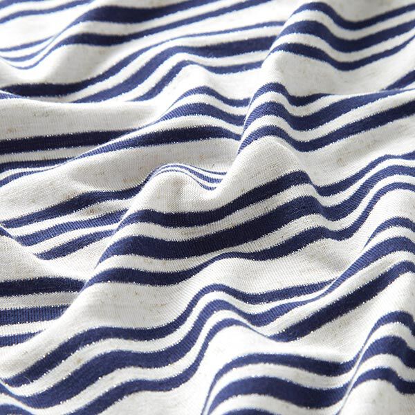 Viskosejersey unregelmäßige Glitzerstreifen – wollweiss/marineblau | Reststück 50cm