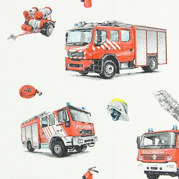 Baumwollstoff Cretonne Feuerwehr – weiss/rot | Reststück 50cm