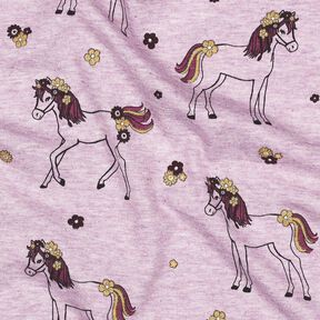 Baumwolljersey Glitzer-Blumenpferd | Poppy Fabrics – pastellviolett/gold, 