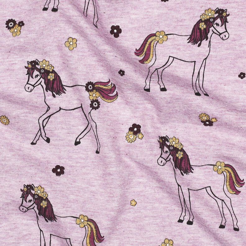 Baumwolljersey Glitzer-Blumenpferd | Poppy Fabrics – pastellviolett/gold, image number 2
