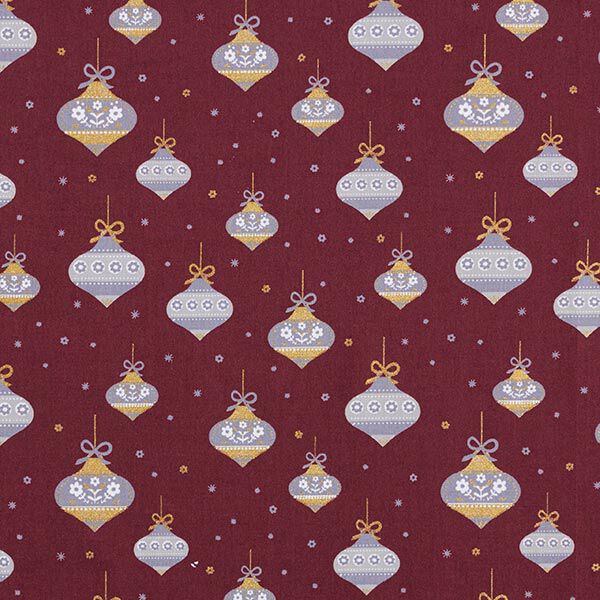 Baumwollstoff Popeline spitze Weihnachtskugeln – bordeauxrot/gold | Reststück 50cm