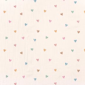 Musselin/ Doppel-Krinkel Gewebe bunte Herzen Digitaldruck – weiss, 