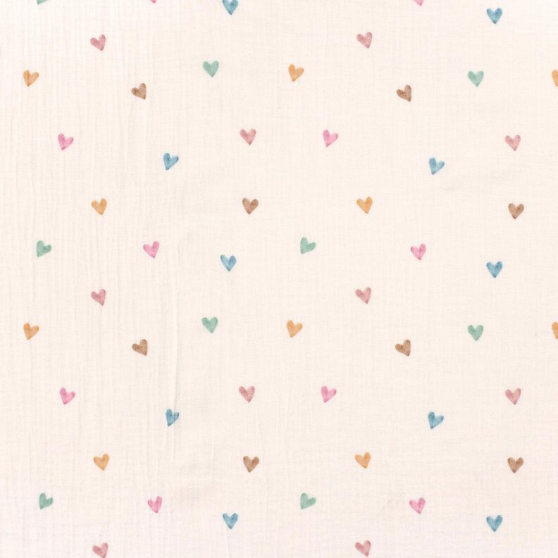 Musselin/ Doppel-Krinkel Gewebe bunte Herzen Digitaldruck – weiss,  image number 1