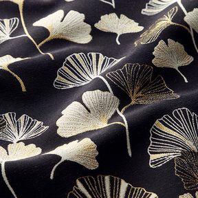 Dekostoff Jacquard Ginkoblätter – schwarz/gold, 