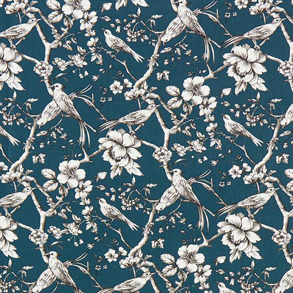 Dekostoff Baumwollsatin Toile de Jouy – petrol | Reststück 50cm
