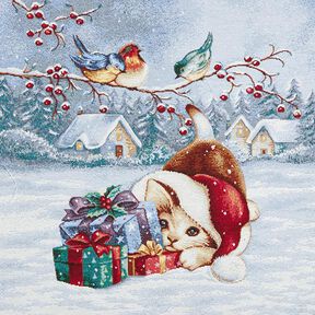 Dekopanel Gobelin Katze mit Geschenken – hellblau/karminrot, 