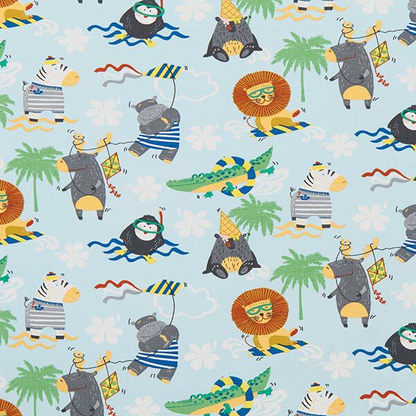 Baumwolljersey Tiere machen Urlaub – babyblau, image number 1