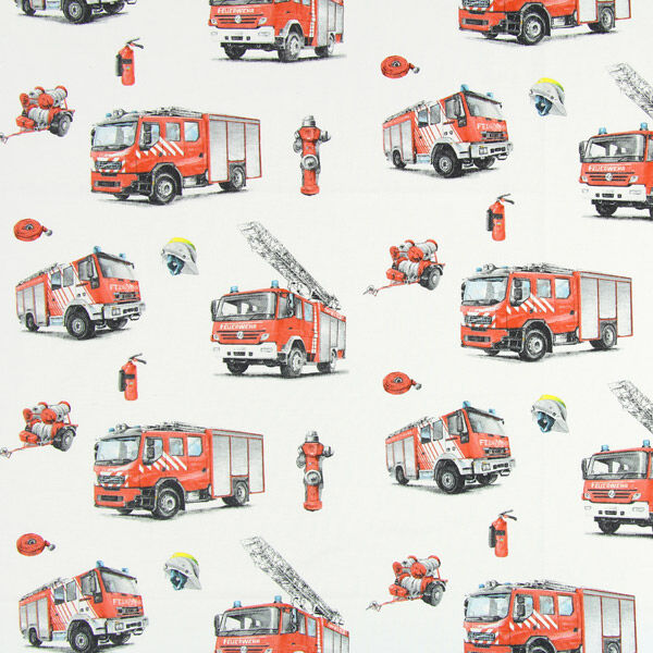 Baumwollstoff Cretonne Feuerwehr – weiss/rot | Reststück 50cm