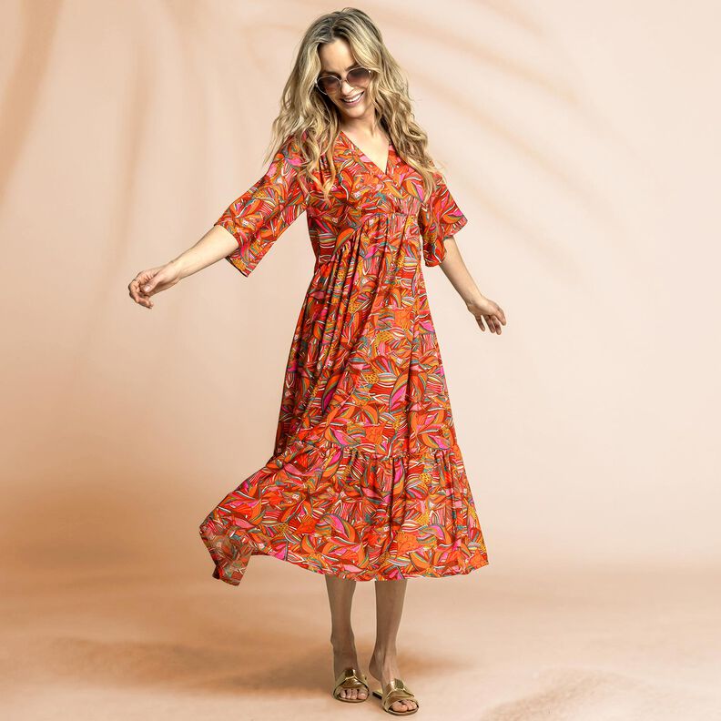 Beachwear Viskosestoff Pfauen und Blumen – orange/burgunder, image number 5