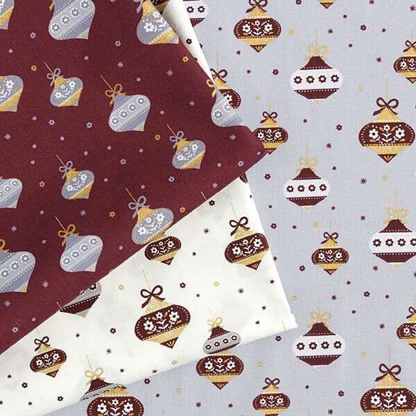 Baumwollstoff Popeline spitze Weihnachtskugeln – bordeauxrot/gold | Reststück 50cm