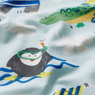Baumwolljersey Tiere machen Urlaub – babyblau, 