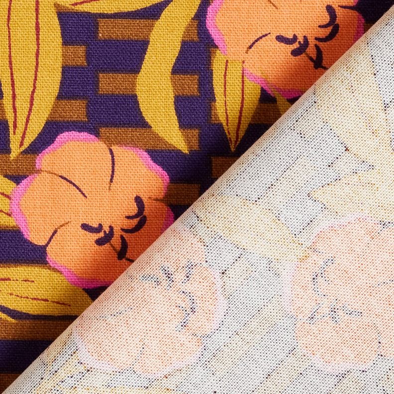 Dekostoff Halbpanama kunterbunte Blumen – aubergine/hellorange, image number 4