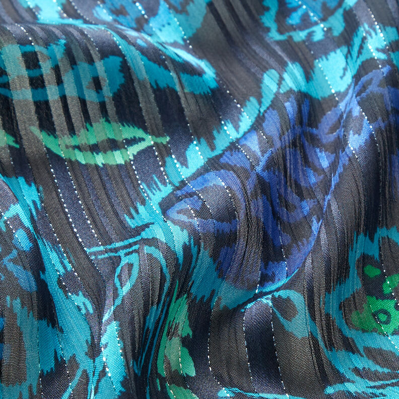 Chiffon Satin- und Glitzerstreifen Paisley-Blumen – türkis/schwarz,  image number 3