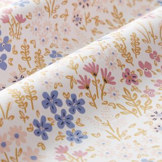 Beschichtete Baumwolle bunte Blumenwiese – weiss/pastellviolett, 