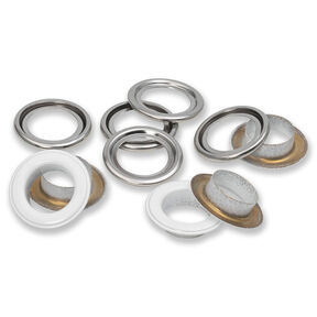 Ösen mit Scheiben [15 Stück | Ø 14 mm] | Prym – weiss/silber metallic, 