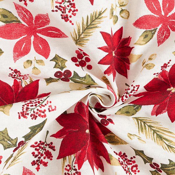 Dekostoff Canvas Christstern-Blüten – wollweiss/karminrot | Reststück 100cm