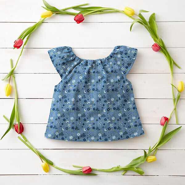 Musselin/ Doppel-Krinkel Gewebe kleine Blümchen – ozeanblau | Reststück 50cm