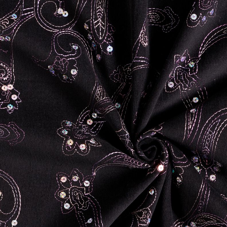 Feincord Stickerei und Pailletten Blumen – schwarz,  image number 3
