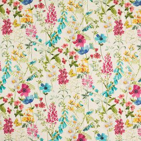 Dekostoff Halbpanama Wiesenblumen – natur/himbeere, 