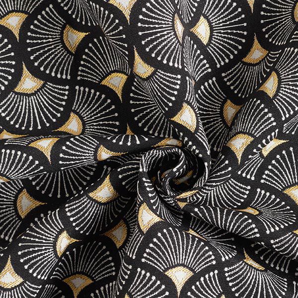 Dekostoff Jacquard kleine Fächer – schwarz/gold | Reststück 100cm