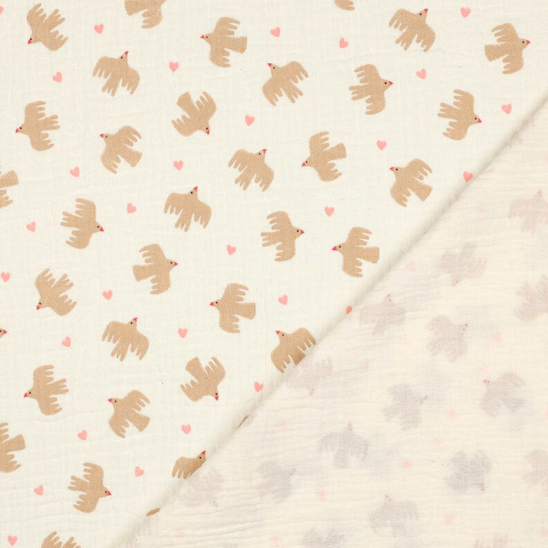GOTS Musselin/ Doppel-Krinkel Gewebe Vögel und Herzen | Poppy Fabrics – wollweiss,  image number 5