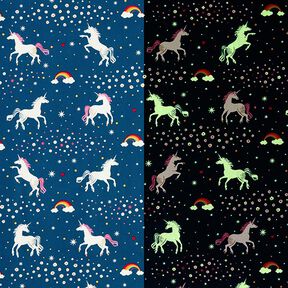 Dekostoff Glow in the Dark tanzende Einhörner – ozeanblau/rosa, 